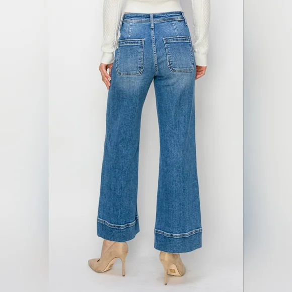 RISEN Wide Leg Flare Bell Bottom High-Rise Waist Jeans Retro Classic Denim Pants - Picture 5 of 12